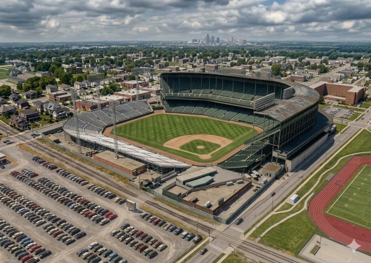 Modern interpretive reconstruction of Muehlebach Field and its surrounding urban landscape